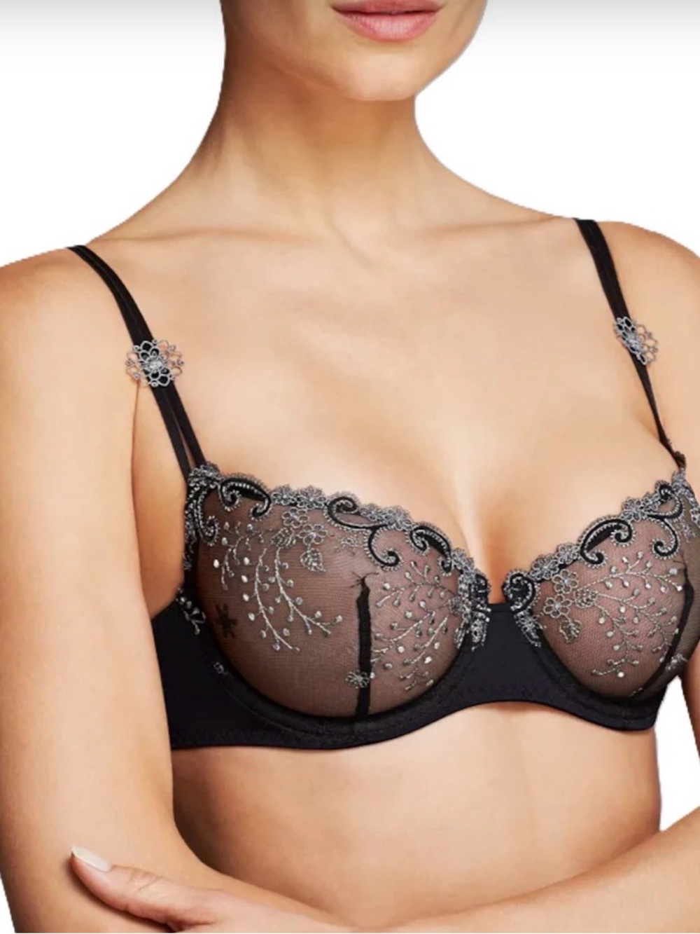 Simone Perele Sheer Black Embroidered Underwire Balconette Bra & Matching Thong